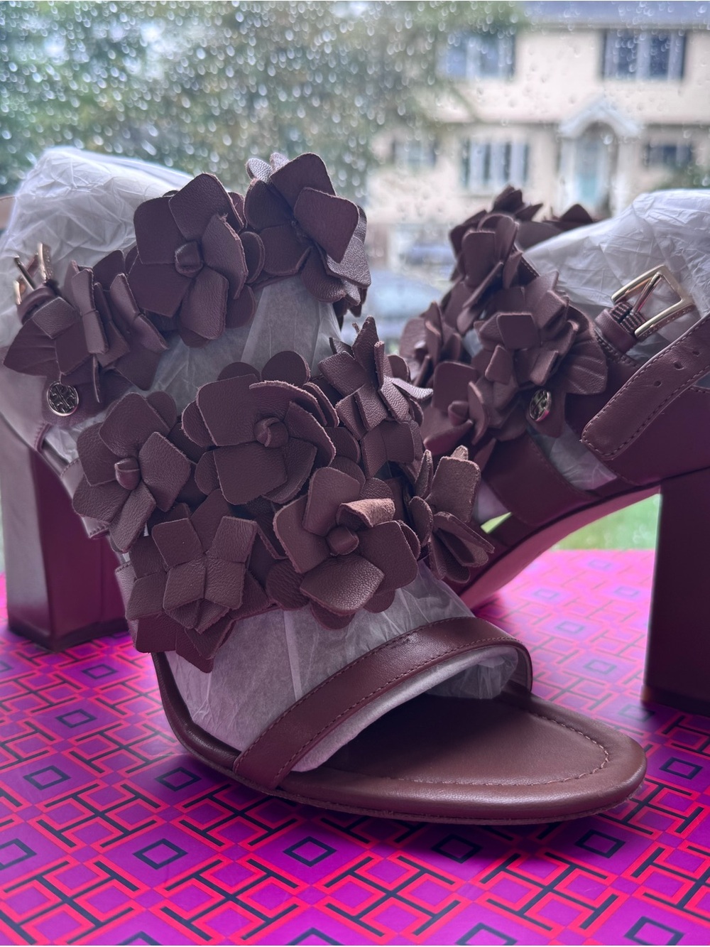 Tory Burch Floral Appliqué Block Heel Sandals